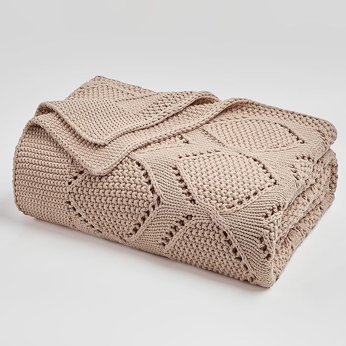 Longhui bedding Chunky Cotton Knit Throw Blanket for Couch, Sofa, Bed, or Chair, Decorative Breathable Fall Cable Knit Blanket 60 x 80 Inches, Pink Rose