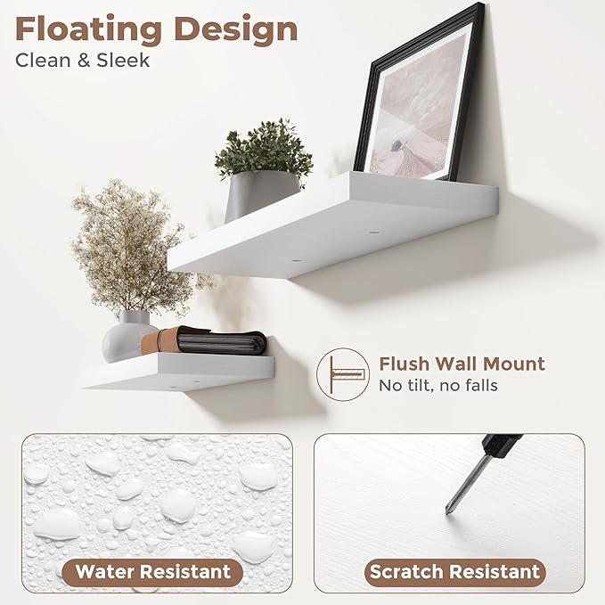 16 Inch Floating Shelves for Wall Set of 2, 8"D Wood Grain Bathroom Shelves with Invisible Brackets, Easy Install Engineered Wood Storage Shelves for Kitchen, Living Room, Bedroom, White Finish