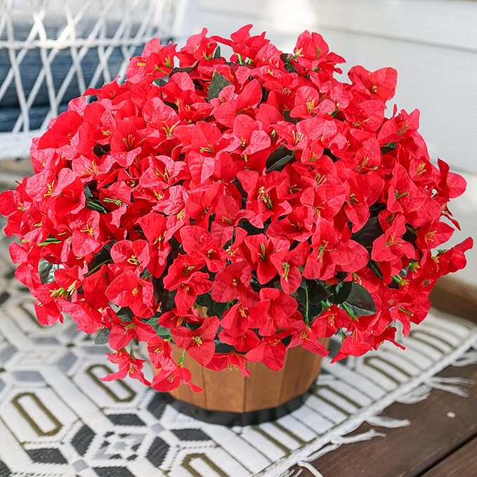 Ivydale Artificial Bougainvillea Flowers for Outdoors Decoration, 4 Bundles Fake Flower UV Resistant Realistic Silk Flowers for Outside, Faux Plants for Planter Patio Porch Home Decor (Red)