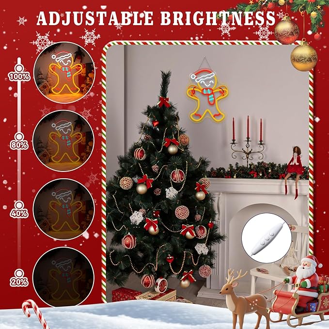 WLHOPE Gingerbread Man Neon Sign Santa Hat Neon Signs For Wall Decor Gingerbread Christmas Decorations Led Lights For Party Bar Club Bedroom Living Room Restaurant Shop Gifts USB Powered 16.14x12.6in