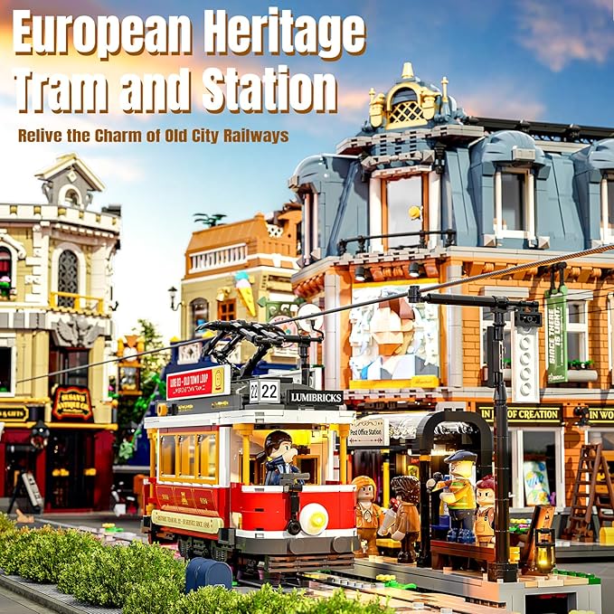 Heritage Tram and Station Lighting Building-Bricks Set - 1274 Pcs City Streetcar Modular Collection Old Town Downtown Display Model for Adults & Teens & Tram Enthusiasts