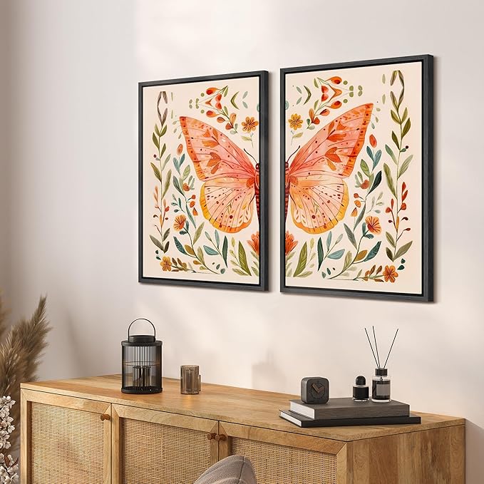 SIGNFORD Framed Canvas Print Wall Art Set Whimsical Butterfly and Florals Colorful Nature Illustration Modern Art Decorative Nordic Nature for Living Room, Bedroom, Office - 16"x24"x2 Black