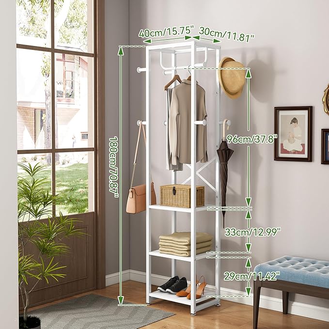 IBUYKE Coat Rack with Shelves, Freestanding Hall Tree with 3 Shelves and 8 Hooks, Industrial Clothes Stand for Entryway, Hallway, Bedroom, White UTMJ088W