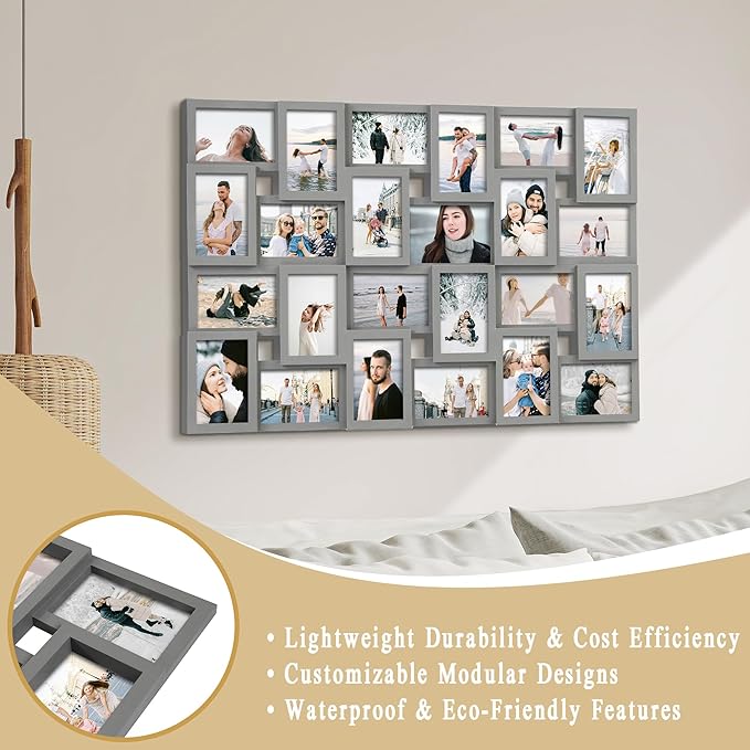 Jerry & Maggie 4×6 collage frame 24 pictures, picture frames collage wall decor, 24 slot picture frame Wall Hanging For 6×4 Photo, Grey