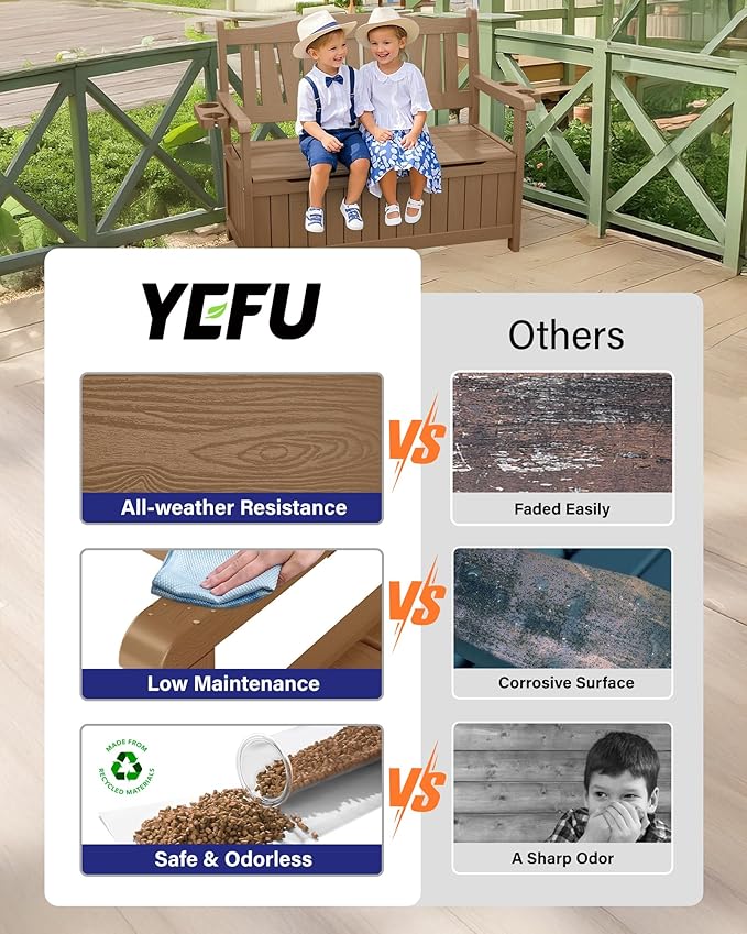 YEFU Outdoor Storage Bench for Patio: Heavy Duty Garden Bench Set of 2 with 96° High Backrest & Oversized Seating - HIPS Weatherproof Patio Bench with Storage for Porch Park Backyard, Teak