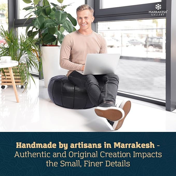 Marrakesh Gallery Genuine Leather Round Pouf Unstuffed - Moroccan Ottoman Footstool, Footrest Cover - Boho Decor - Bohemian Living Room, Bedroom, Kids Room, Gift & Wedding