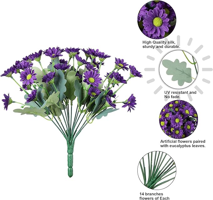 Daisy Artificial Flowers for Outdoors Summer Fall Decoration, 6 Bundles Fake Mums Purple Silk Flowers for Outside Look Real UV Resistant Faux Flowers Plants for Planter Front Door Home Indoor Porch