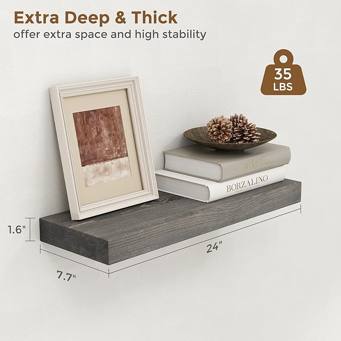 Marsmiles Wood Floating Shelves for Wall - 24 Inch Grey Wood Floating Shelves Set of 2-24 Inch Wide x 7.7 Inch Deep x 1.6 Inch Thick Rustic Wooden Shelves for Room Wall
