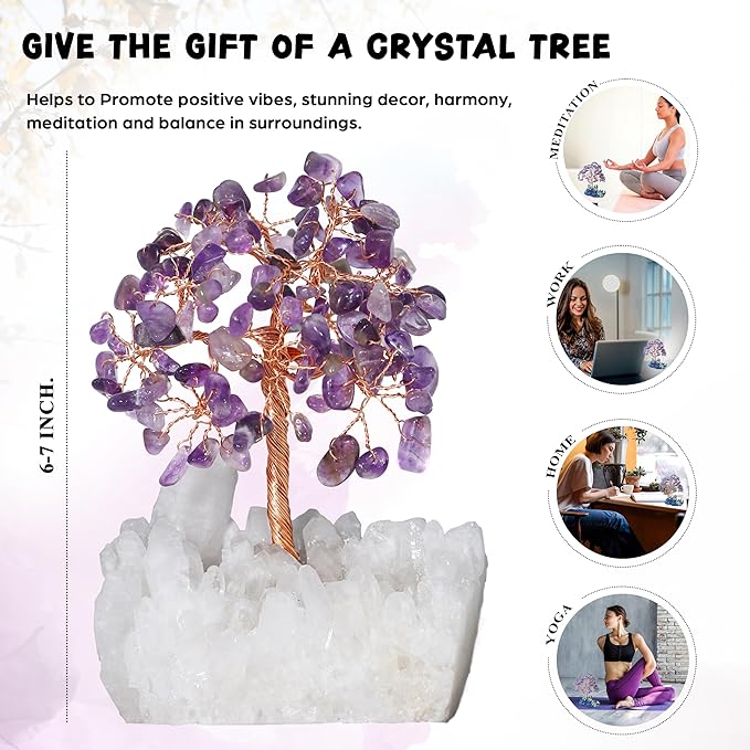 Amethyst Crystal Tree of Life with White Aura Base – Gemstone Tree for Shelf & Home Bedroom Decor – Crystals and Healing Stones, Cute Purple Birthday Gifts & Housewarming Gifts for Women Mom Sister