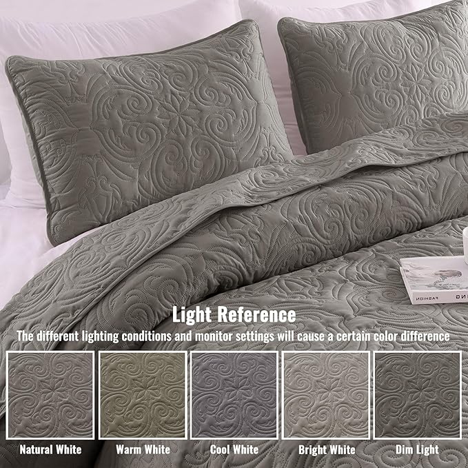 Exclusivo Mezcla Quilts Queen Size Bedding Set with 2 Pillow Shams, Lightweight Grey Full Queen Quilt Bedspread with Vintage Damask Pattern, Soft Bedspreads Coverlets for All Seasons