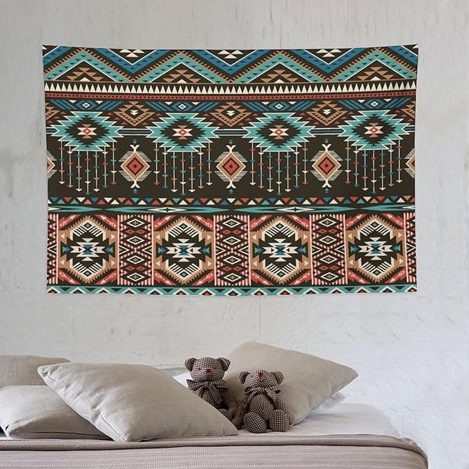HZOHNAGO Aztec Tapestry Turquoise Blue and Brown and Native American Tribal Pattern Printed Wall Tapestry Wall Hanging for Bedroom Living Room Dorm 60" W x 40" H