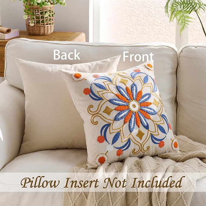 Embroidered Throw Pillow Cover 22x22 Classic Boho Floral Pattern Pillows Cover Outdoor Decorative Pillowcase,Durable Cozy Textured Cushion Case for Sofa Couch Bed Living Room,Orange Blue