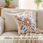 Embroidered Throw Pillow Cover 20x20 Classic Boho Floral Pattern Pillows Cover Outdoor Decorative Pillowcase,Durable Cozy Textured Cushion Case for Sofa Couch Bed Living Room,Orange Blue