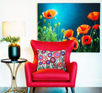 Cream Lumbar Poppy Floral Pillow Cover Red Poppies Flower Pillows White Farmhouse Chair Cushion Floral Cream Hand Embroidered Size 14x20