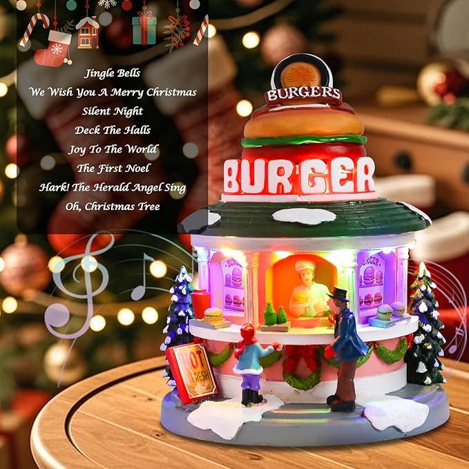 Vigdur Christmas Village Houses - Animated Hamburger Shop with LED Lighted and 8 Xmas Songs, Christmas Animation Village Indoor Holiday Tabletop Decorations for Home Tabletop Gift