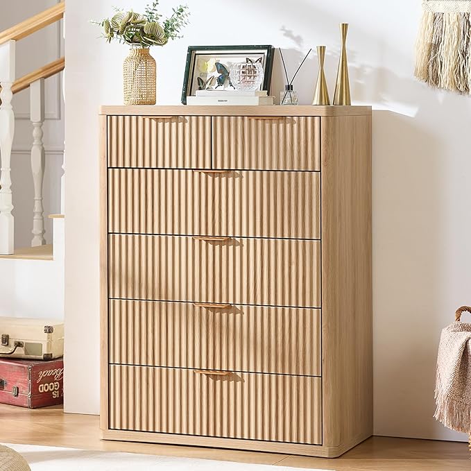 LEYAOYAO Fluted 6 Drawers Dresser for Bedroom, 42" Tall Modern Chest of Drawers with Metal Handle, Curved Profile Design,Natural Wood Drawer Organizer for Bedroom, Living Room, Hallway, Entryway