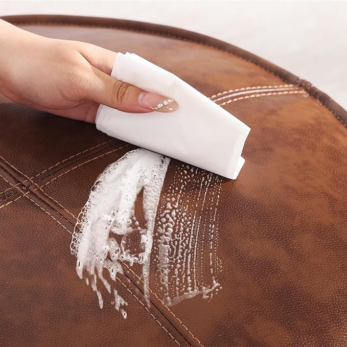 Leather Ottoman,Handmade Stuffed Square Ottoman,Genuine Leather Pouf, Foot Rest Pouf,Comfortable Soft Seating for Living Room & Bedroom (Brown, Round)