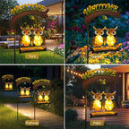 HONGLAND Solar Lights Outdoor Decor, Owl Swing Garden Decor, Owl Gifts for Women Mom, Whimsical Garden Lights Outdoor Decorations with Welcome Sign for Outside Patio Yard Lawn Decor