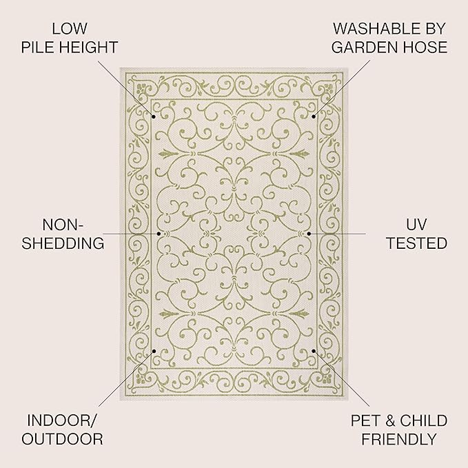 JONATHAN Y Vintage Filigree Indoor Outdoor Round Area Rug 5 Ft Cream/Green, Charleston Textured Weave for Backyard, Patio, Porch, Easy-Cleaning, High Traffic, Pet-Friendly, Non-Shedding (SMB106I-5R)