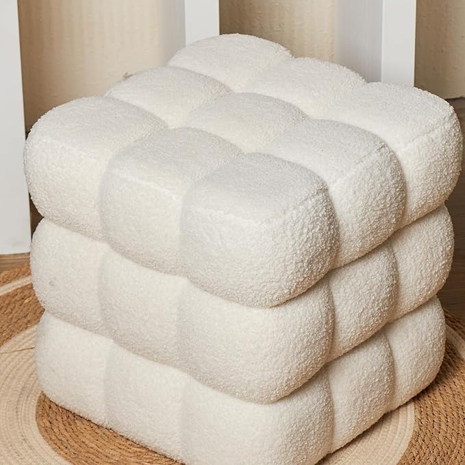 White Square Ottoman 17''3 Cube Pouf Installed,Sturdy Wooden Frame,Capacity 330 lbs,Modern Sofa Stool Fuzzy Sherpa Footstool,Foot Rest,Cube Boucle,Vanity Stool,for Couch Living Room