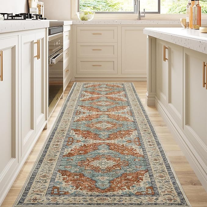 Topllen Runner Rug - 2'x10' Boho Washable Kitchen Rug, Non-Slip Soft Low Pile Rugs Indoor for Hallway Hall Living Room Bedroom Sunroom, Vintage Throw Stair Carpet Stain Resistance (Rust, 2x10ft)