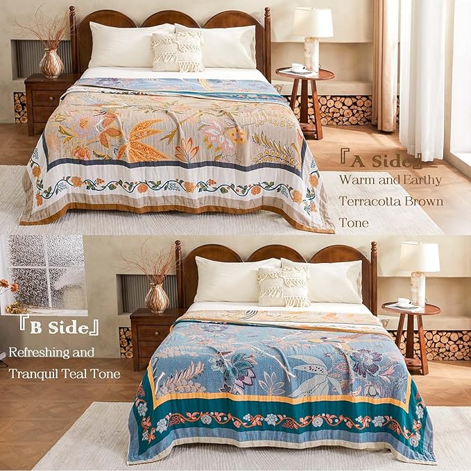 Boho Blanket, 100% Cotton Farmhouse Decorative Throw Blanket, 90"x98" Reversible Bohemian Throw Blanket, Brown All Season Muslin Breathable Woven Blankets Quilt