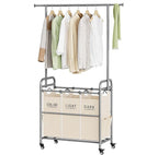 Tajsoon Laundry Hamper with Hanging Rack, 3 Section Laundry Sorter with Heavy Duty Lockable Wheels, Laundry Basket Organizer for Dirty Clothes Storage, 3 Beige