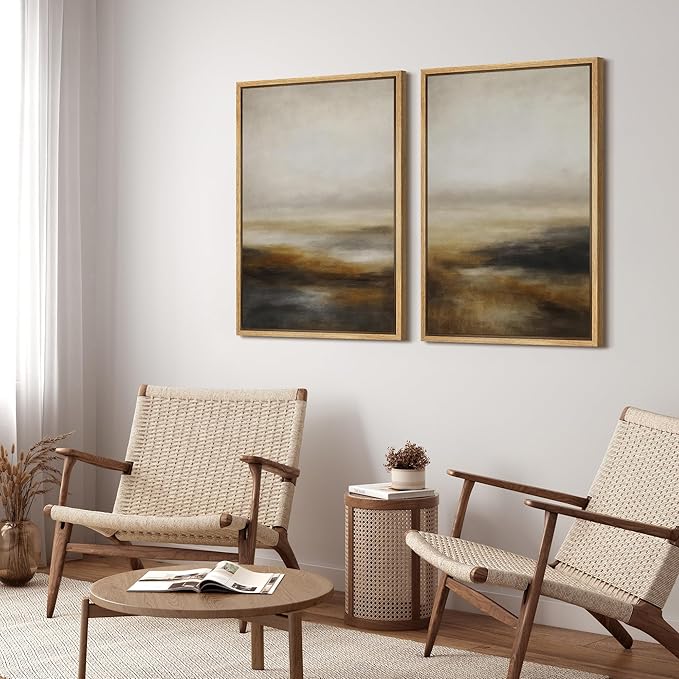 SIGNFORD Framed Canvas Print Wall Art Set Abstract Neutral Landscape Modern Beige and Brown Illustration Modern Art Decorative Nordic Nature for Living Room, Bedroom, Office - 24"x36"x2 Natural