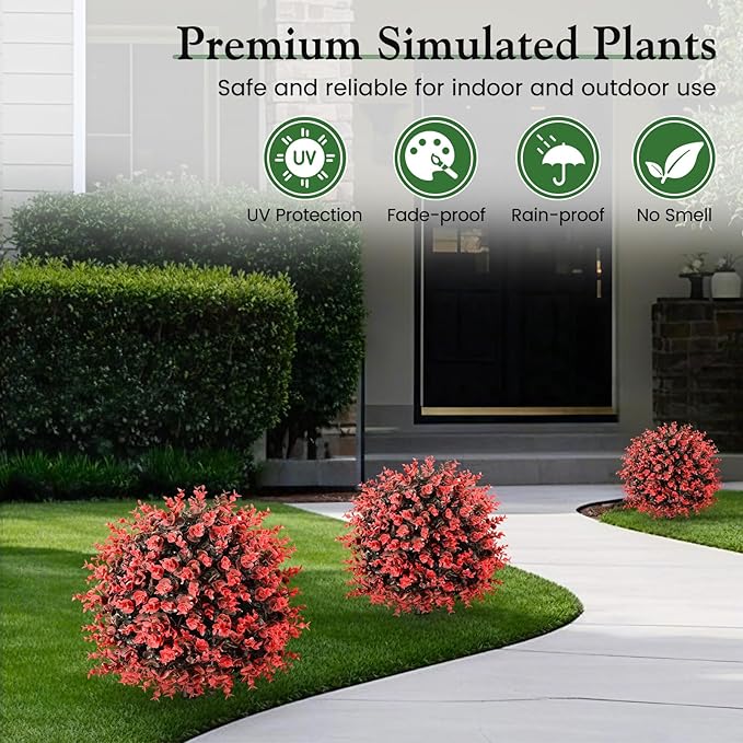 Lewondr Artificial Boxwood Topiary Ball Trees, 22.83'' Fake Plants Outdoor with Ground Spike, Set of 2 UV and Fade Resistant Faux Greenery Shrubs for Outdoor Indoor Front Porch Garden, Red