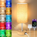 Unicozin Small Table Lamp, 3CCT & 7 RGB Color Changing, Dimmable Nightstand Lamp with Wood Grain Base, Touch Bedsides Lamp for Bedroom, Office, Kids Room, Nursery, Party, Beige Shade