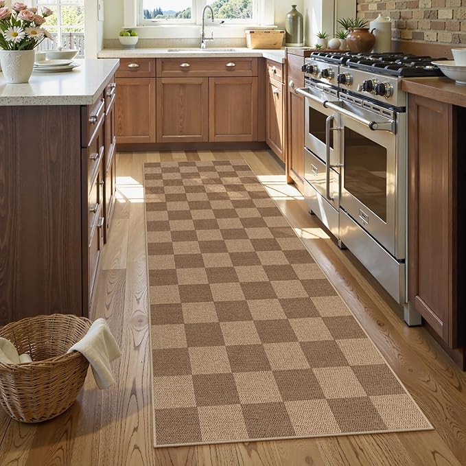 Lahome Checkered Easy Jute Kitchen Runner, 2x8 Washable Indoor Outdoor Runner Rug, Checkerboard Non Slip Non Shedding Neutral Carpet for Hallway Entryway Foyer