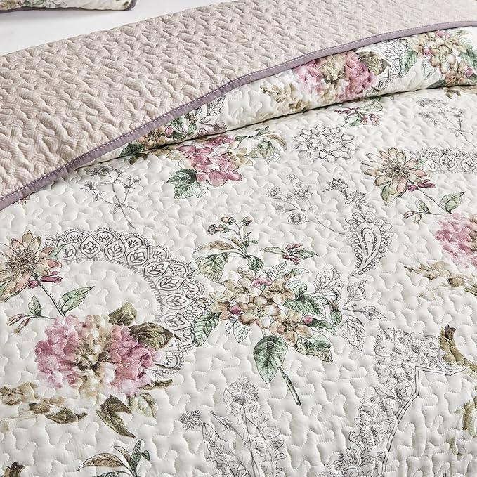 Flysheep 2 Pieces Quilt Set Twin Size, Beige Floral Reversible Bedspread Coverlet Set, Soft Microfiber Lightweight Bed Cover for Kids (68" x 86", 1 Quilt+ 1 Pillow Sham)