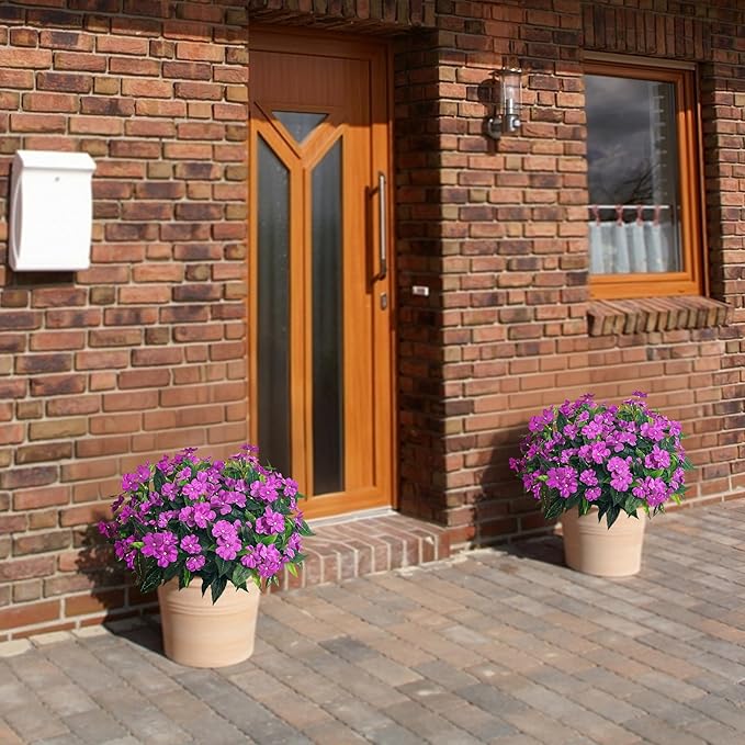 Artificial Impatiens Bouquet Flowers for Outdoors Silk Faux Flowers for Outdoor Impatiens Plants Decor Indoor Planters Kitchen Planters and Balcony Decorations 4PCS (Purple)