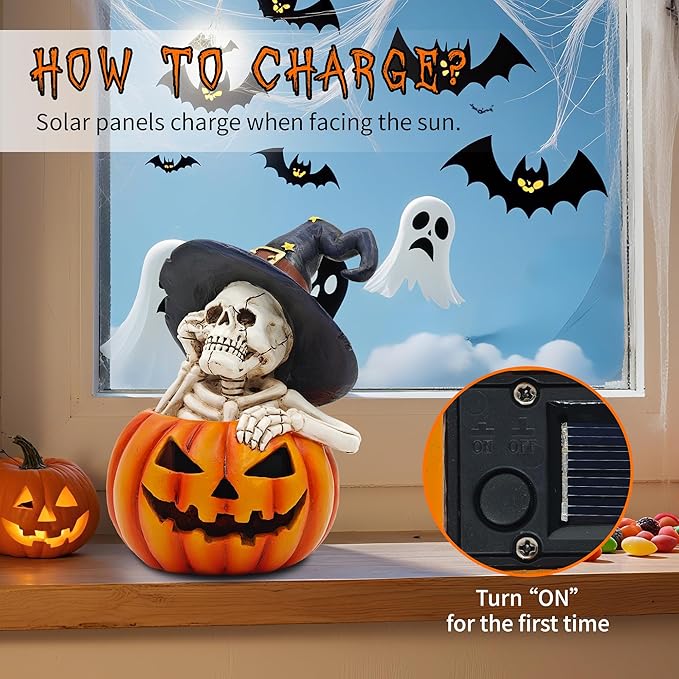 Skeleton Halloween Indoor Decoration: 6.1'' Witch Hat Skeleton Ornament with Solar Pumpkin for Home Fireplace Office Party Perfect Figurine Gift for Gothic Lovers