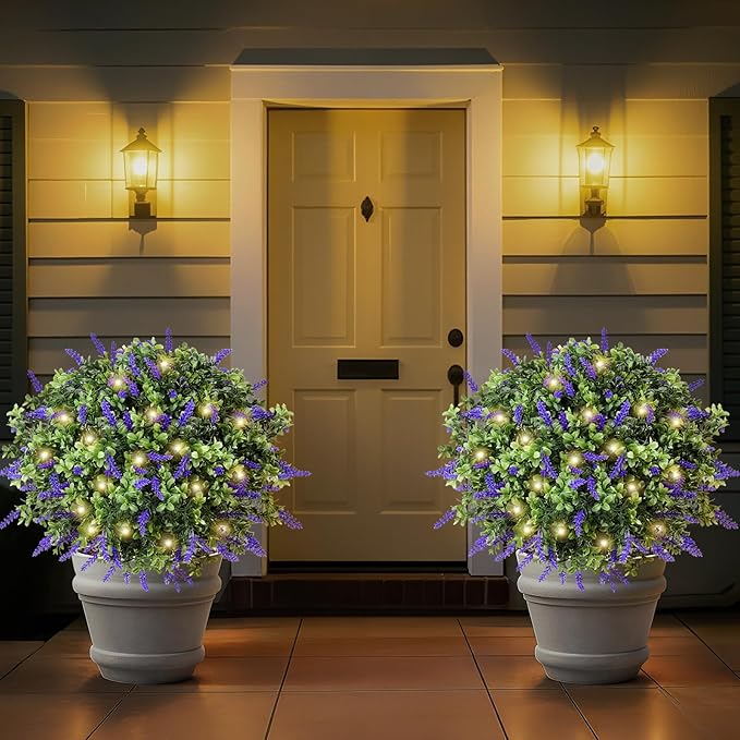 Lewondr Artificial Lavender Boxwood Topiary Ball with LED Lights, 23.6'' Artificial Shrub Bushes with Ground Spike, UV Resistant Faux Greenery Shrubs, Fake Plants for Indoor Outdoor Garden Patio Decor