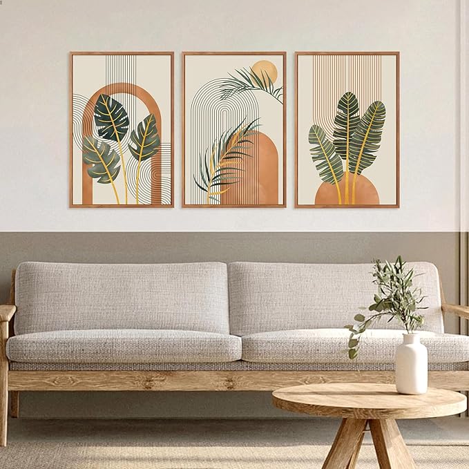 KAIRNE Boho Canvas Wall Art,Tropical Palm Leaf Wall Decor,Mid-Century Geometric Illustrations Set of 3(16”X24”),Abstract Line Pictures,Modern Botanical Prints for Living Room Bedroom Dining Room Decor