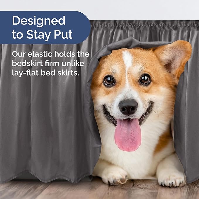 Wrap Around Dust Ruffle Bed Skirt - Dark Grey - for Full Size Beds with 15 Inch Drop - Elastic Strap - Adjustable Pleated Bedskirt with Brushed Fabric and Wrinkle Free - for Women, Men, Kids & Teens