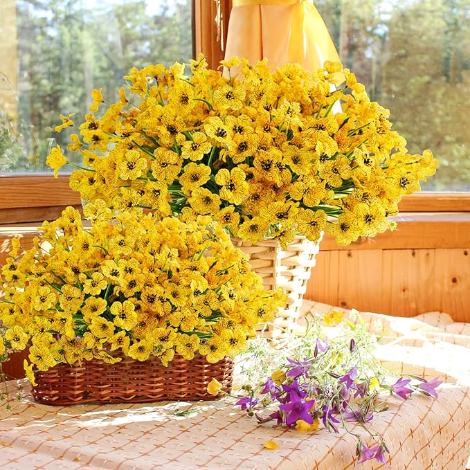 Uieke 72 Bundles Artificial Flowers for Outdoors UV Resistant No Fade Yellow Fake Flowers for Outside Home Garden Porch Window Box Home Spring Summer Décor (Yellow)