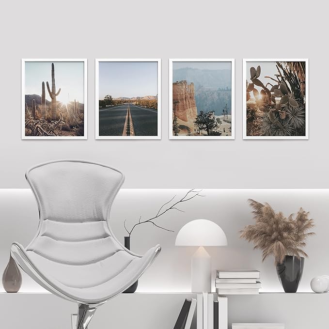 SIGNWIN Framed Cactus Desert Landscape Wall Art, Set of 4 Southwest Texas Arizona Saguaro Wall Decor Prints, Nature Wilderness Wall Décor for Living Room, Bedroom - 12"x16" White