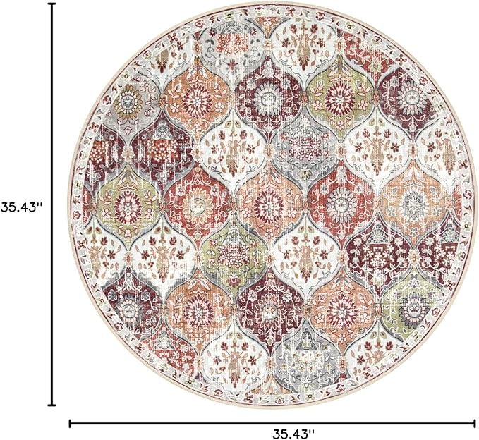 Lahome Moroccan Trellis Round Area Rugs, Washable Small Round Rug 3ft Non-Slip, Soft Vintage Ultra-Thin Circle Carpet for Bedroom Entryway Kitchen Laundry Bathroom, Orange/Terracotta