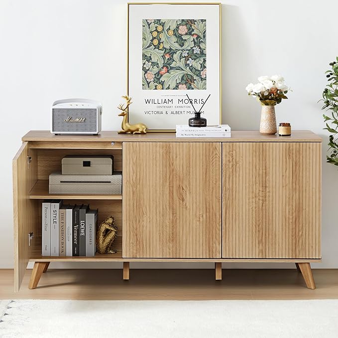 Fluted Sideboard Buffet Cabinet with Storage, Modern Storage Cabinet with 3 Doors, Wood Credenza Buffet Sideboards, Bar Cabinets Console Table for Kitchen Dining Living Room Entryway (Natural)