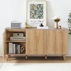 Fluted Sideboard Buffet Cabinet with Storage, Modern Storage Cabinet with 3 Doors, Wood Credenza Buffet Sideboards, Bar Cabinets Console Table for Kitchen Dining Living Room Entryway (Natural)