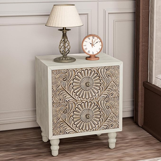 HOMPUS Fully Assembled Nightstand Set 2, 2-Drawer Farmhouse Nightstand Set of 2, Wood Bedside Table with 2 Drawers, Vintage Accent End Table for Living Room, Bedroom, Distress White