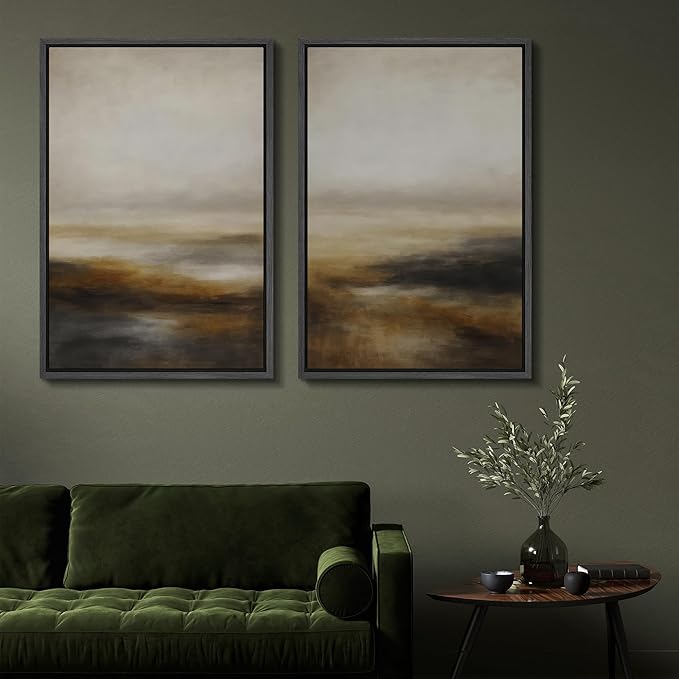 SIGNFORD Framed Canvas Print Wall Art Set Abstract Neutral Landscape Modern Beige and Brown Illustration Modern Art Decorative Nordic Nature for Living Room, Bedroom, Office - 16"x24"x2 Black