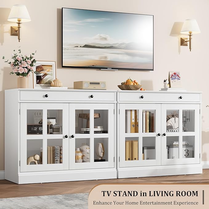 GarveeHome 35.4 in Sideboard Buffet Cabinets with Glass Door, Buffet Cabinet with Storage, White Sideboard Cabinet with Drawer, Modern Buffets & Sideboards for Dining Room, Kitchen