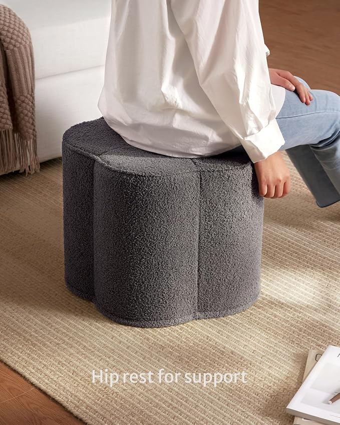 Blissful Diary Flower Pouf Ottoman, Comfy Floral Ottoman for Living Room, Bedroom, Kids Room, Charm Floor Pouf for Home Decor, Full Foam Filling Foot Rest for Couch, Dark Grey