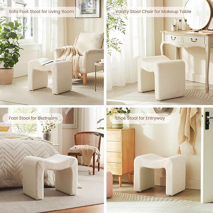 Small Footstool Ottoman Vanity Stool Chair Seating Backless Modern Foot Rest Teddy Velvet Ottoman for Makeup Room Living Room Bedroom Entryway,White (Single 1)