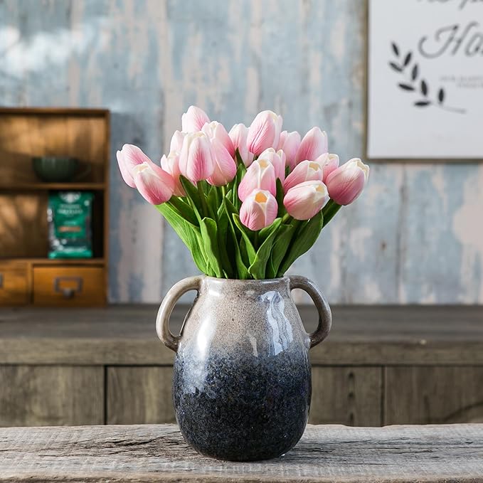 Brown Gradient Ceramic Vase with 2 Handles, Modern Farmhouse Decor, Rustic Terracotta Pottery, Decorative Flower Vases, Clay Small Vase, Centerpiece for Dining Table - 7 Inch Tall