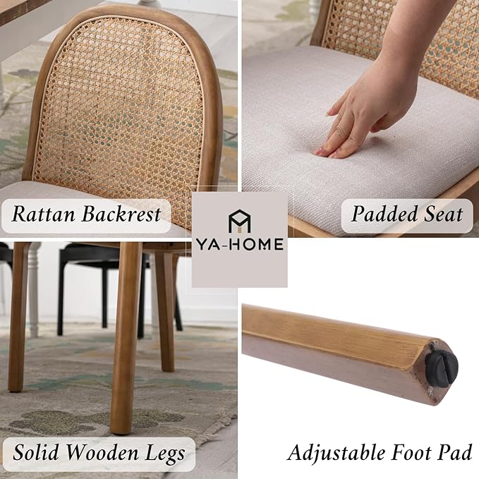 Mid Century Dining Chairs Set of 6, Accent Rattan Linen Fabric Side Chairs Kitchen Chair with Solid Wooden Legs for Living Room Dining Room, Beige