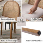 Mid Century Dining Chairs Set of 2, Accent Rattan Linen Fabric Side Chairs Kitchen Chair with Solid Wooden Legs for Living Room Dining Room, Beige